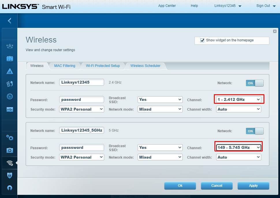 Linksys router channel settings
