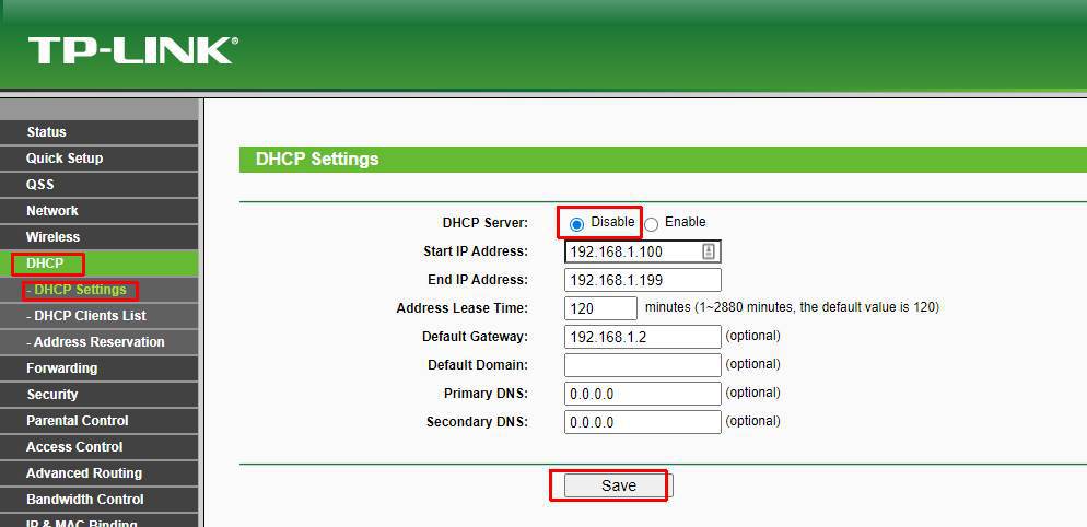 TP-LINK disable DHCP